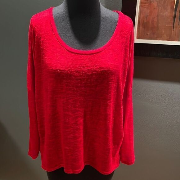 Hybrid & Company cherry red lightweight burnout nubby drooped shoulder sweater S - Picture 1 of 6